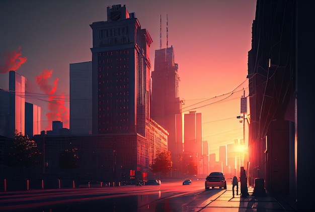 Красивый вид на городской пейзаж с солнечным светом на фоне заката Концепция центра города и туризма Generative AI