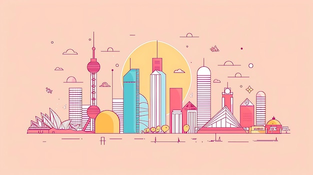 A beautiful cityscape with a modern twist The illustration features various buildings in a variety of colors all with a linear outline