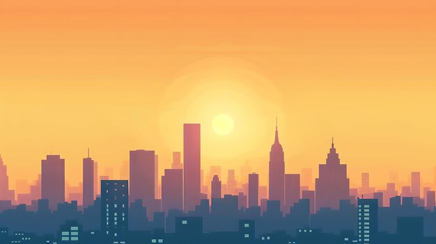 A beautiful cityscape with a warm sunset and a clear blue sky