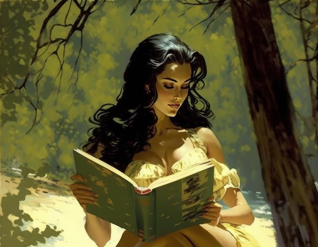 Beautiful clean and realistic Pulp art artwork of a women reading book generative AI