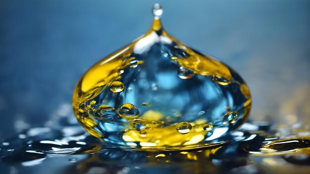写真 青と黄色の色で滑らかな表面に麗な透明な明るい水滴
