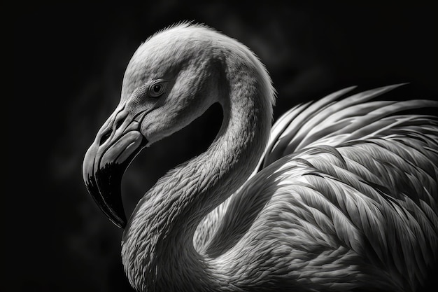 Beautiful close up of a flamingo with a black backdrop and sunlight illumination black and white picture