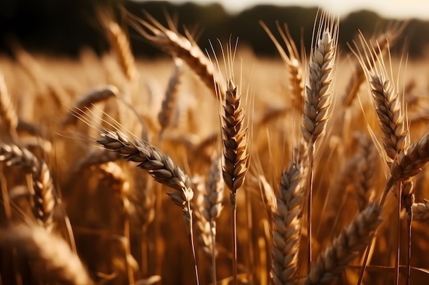 Красивый крупный план колосьев пшеницы на закате Поле пшеничного земледелия летом Generative Ai