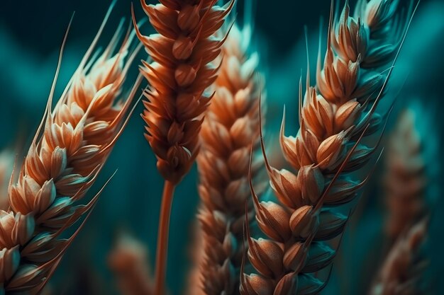 Beautiful close up of wheat ears at sunset Field of wheat agriculture in summer Generative Ai