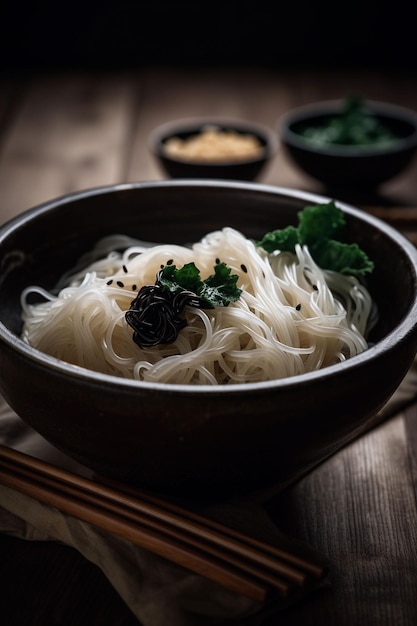 Beautiful closeup of delicious Konjac noodles in a bowl made with generative AI