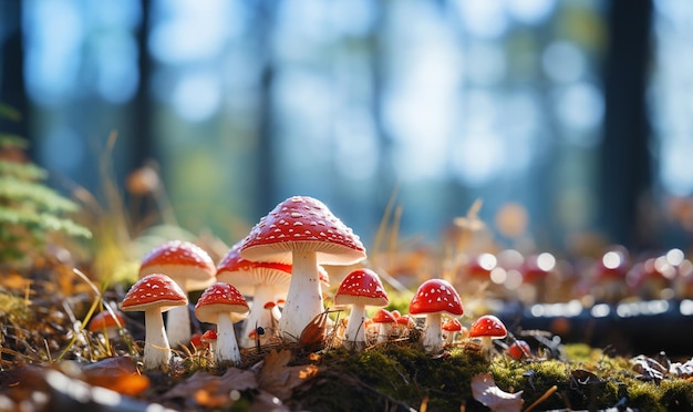 beautiful closeup of forest mushrooms in grass autumn season little fresh mushrooms growing in