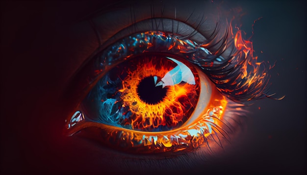 Beautiful closeup image of an eye with fire flame