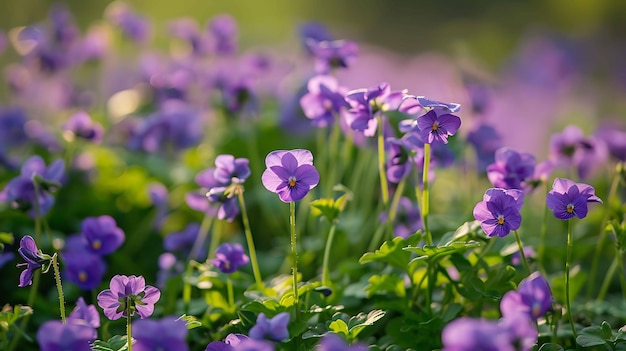 A beautiful closeup image of purple flowers in a field The flowers are in focus with a blurred background