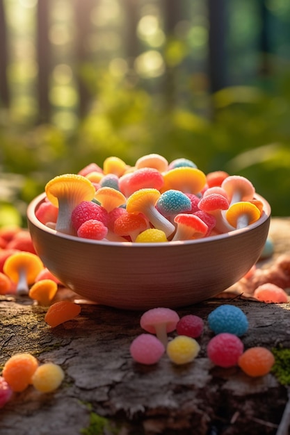 Beautiful closeup of mushroom gummies in a bowl made with generative AI