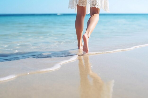 Фото Красивый крупный план стройных женских ног, идущих босиком по белому зернистому песку золотого маяка