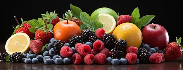 テーブルの上にさまざまな種類の新鮮な果物を並べた美しいクローズアップ写真