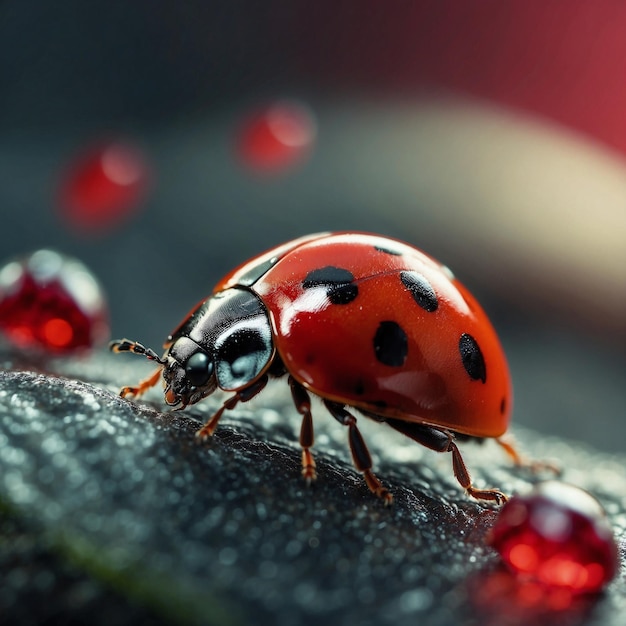 Beautiful closeup of a red ladybug on a green leaf