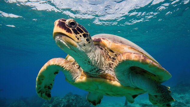 Beautiful closeup shot of a large turtle swimming underwater in the ocean