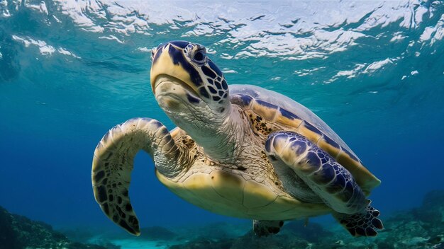 Beautiful closeup shot of a large turtle swimming underwater in the ocean