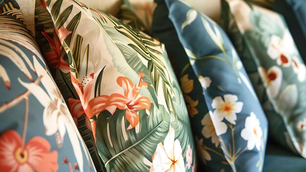 A beautiful closeup of a tropicalthemed pillowcase with a pattern of orange and red flowers and green leaves against a white background
