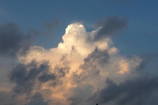 A beautiful cloud illuminated by sun during sunset blue sky and\
dark gray clouds around the edges evening sky climate change\
aviation hydrometeorology cumulus cotton clouds in the\
stratosphere