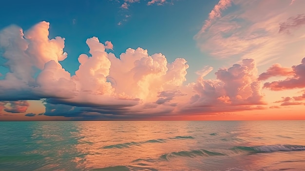 ゴールデン ピンク ブルーの夕暮れ時の海の水の上の美しい雲