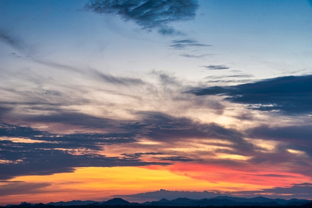 Beautiful cloudscape and dramatic sunset over mountain and sea.