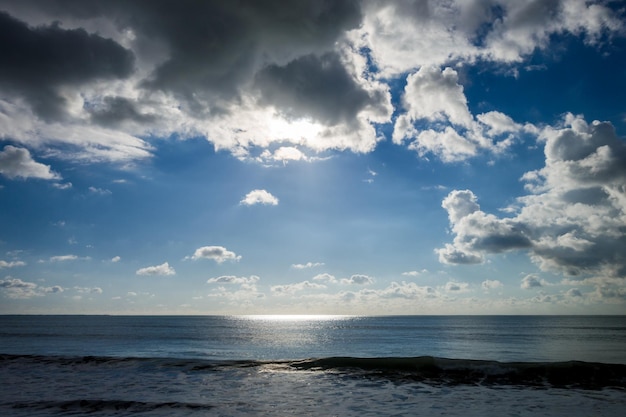 Beautiful cloudy seascape view from a beach at sunset