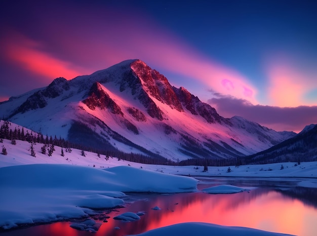 Beautiful cloudy sky in three colors with snow white rock mountains in the background