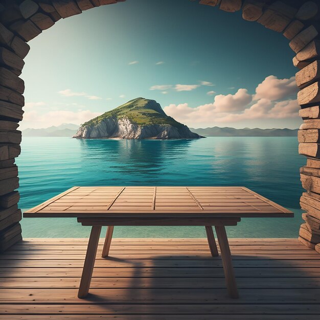 Beautiful cloudy sky wood empty table mockup for product generated by Ai