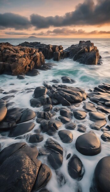 beautiful coastal landscape with rocky shores the ocean sunrise and a sky