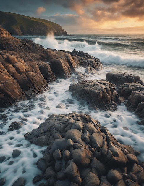 Photo beautiful coastal landscape with rocky shores the ocean sunrise and a sky