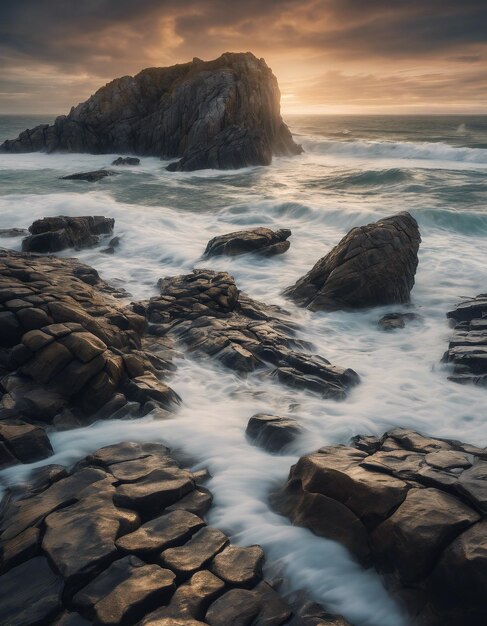 beautiful coastal landscape with rocky shores the ocean sunrise and a sky