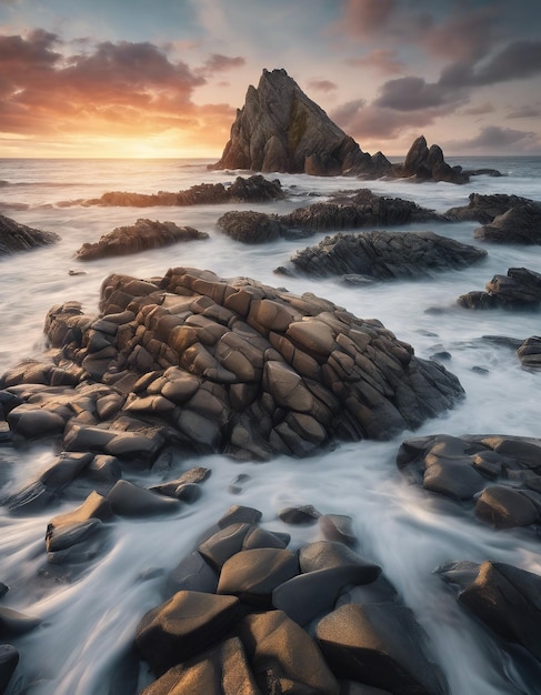 beautiful coastal landscape with rocky shores the ocean sunrise and a sky