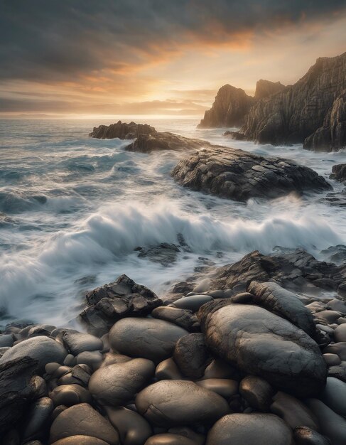 Фото Прекрасный прибрежный пейзаж с скалистыми берегами, восход солнца в океане и небо.