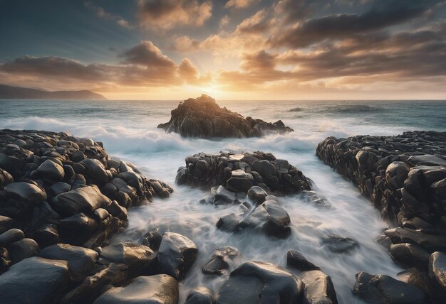 写真 美しい海岸の風景 岩の海岸 海の日の出と空