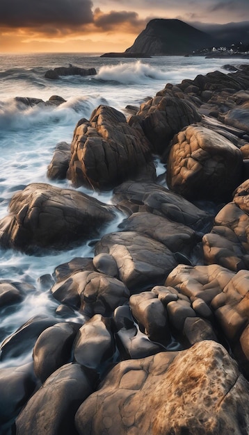 写真 美しい海岸の風景 岩の海岸 海の日の出と空