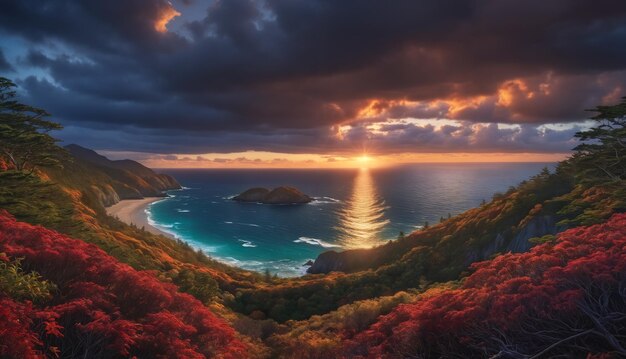 美しい海岸景色で海の上の日没と背景の山脈と近くの森