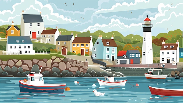 A beautiful coastal village with colorful houses and a lighthouse The boats are docked in the harbor and the seagulls are flying overhead