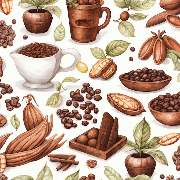 Foto bellissimi motivi disegnati a mano a tema cocoa per clipart ad acquerello in tessuto o carta