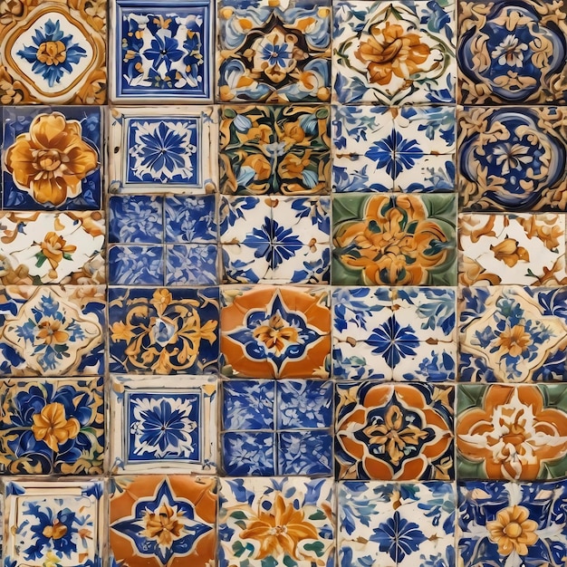 푸르투갈의 전통적인 타일인 아주레조 (Azulejos) 의 아름다운 콜라지