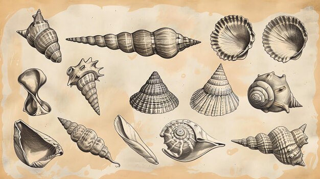 Photo a beautiful collection of handdrawn illustrations of various seashells