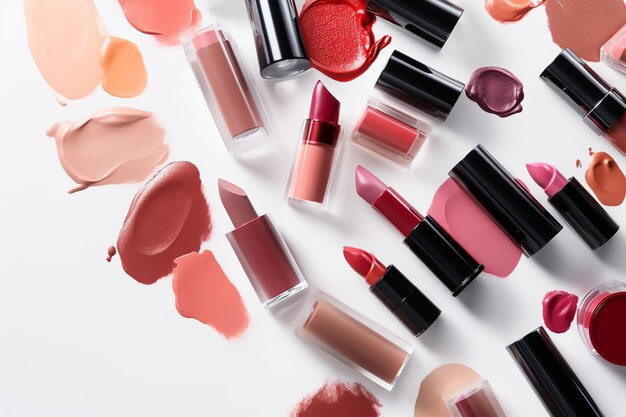 Beautiful collection of lipsticks on white background