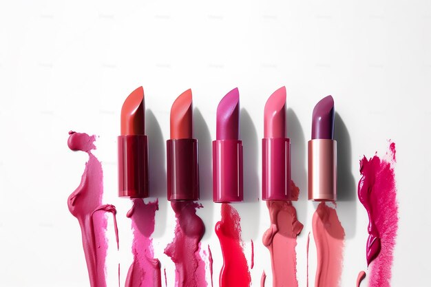 Beautiful collection of lipsticks on white background