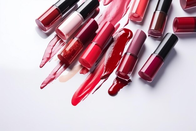 Beautiful collection of lipsticks on white background