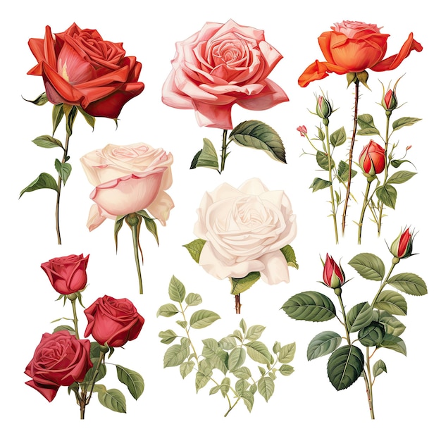 Photo a beautiful collection of various rose flowers in different colors and stages of bloom
