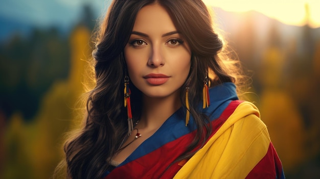 Beautiful Colombian long hair girl wearing colombian flag garment