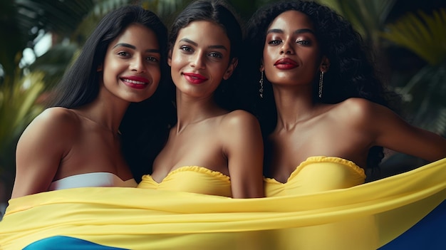 Photo beautiful colombian women with the colombian flag