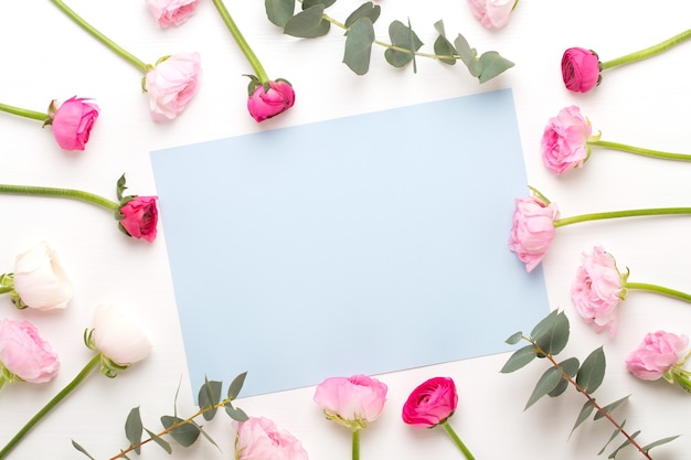 白い背景の上の美しい色のラナンキュラスの花。バレンタインデーのグリーティングカード。