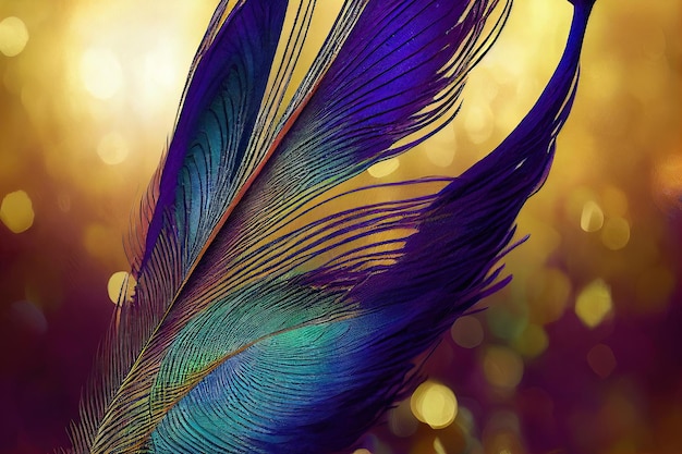 Красивый красочный фон из перьев жар-птицы. Абстрактный фон, размытое боке, перо. ИИ