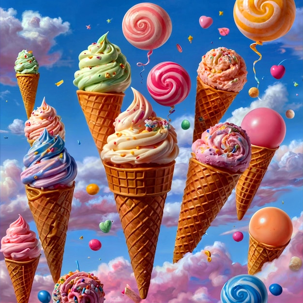 Beautiful colorful background multicolored ice cream cones against the sky