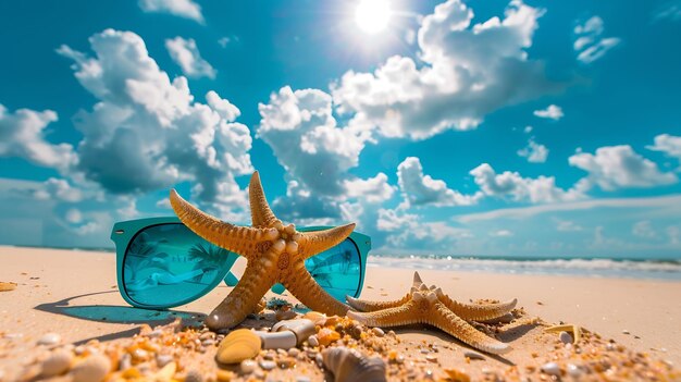 Photo beautiful colorful background for summer beach holiday sunglasses starfish turquoise generative ai