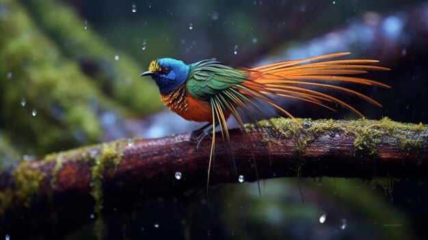 雨の滴と熱帯雨林の自然の背景に美しいカラフルな鳥