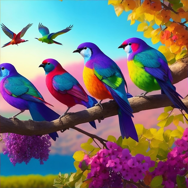 아름다운 배경을 가진 아름다운 다채로운 새들