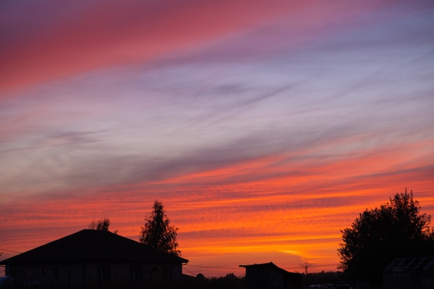 Beautiful colorful bright orange pink violet sunset in village or country.Village skyline.Summer countryside background .Copyspace for text